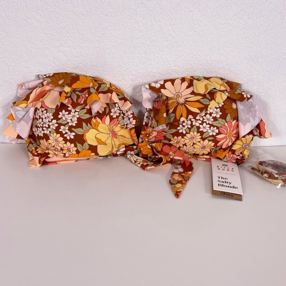 Billabong 🧡Brown with Yellow & Orange Floral Print V Swimsuit Top Salty Blonde L